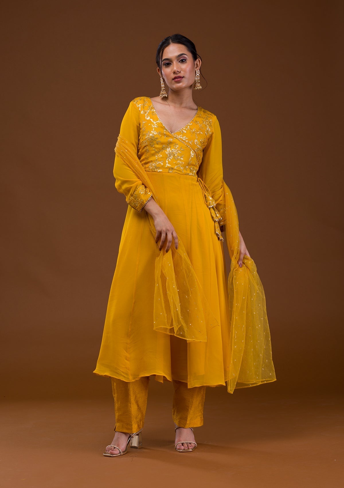 Mustard Sequins Georgette Readymade Salwar Suit