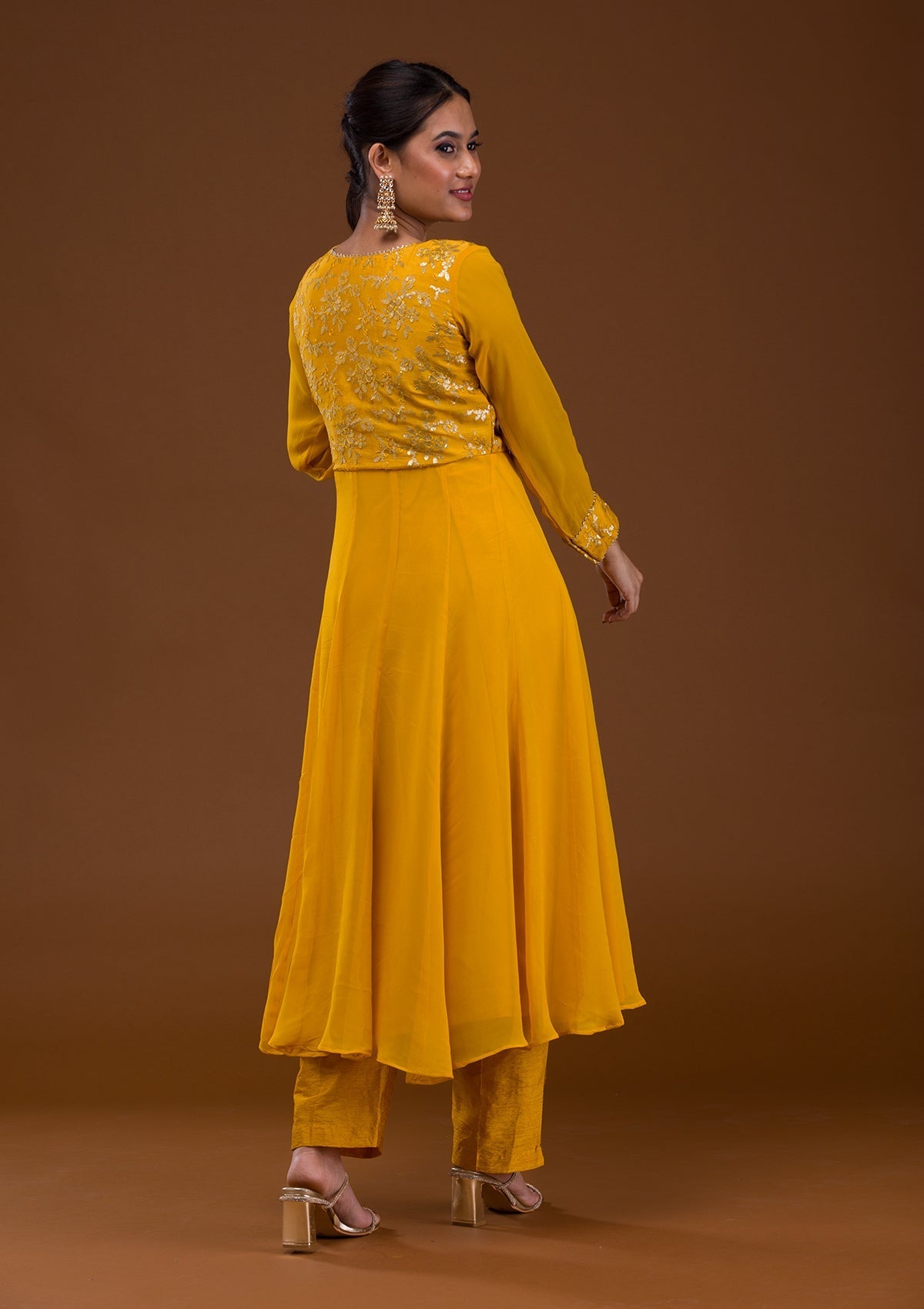 Mustard Sequins Georgette Readymade Salwar Suit