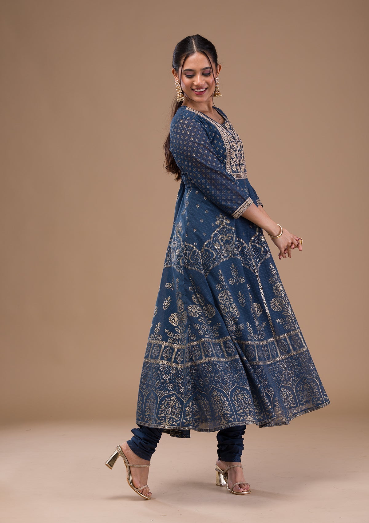 Peacock Blue Printed Crepe Readymade Salwar Suit