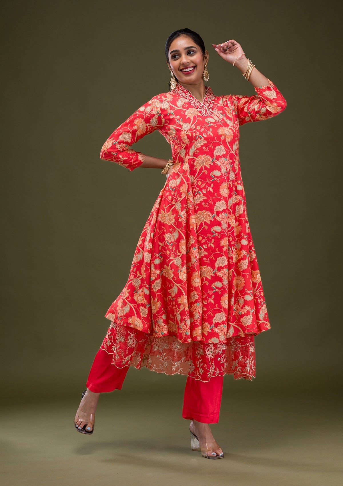 Red Printed Semi Crepe Readymade Salwar Suit