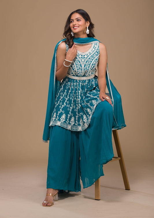 Turquoise Blue Threadwork Georgette Readymade Sharara Suit