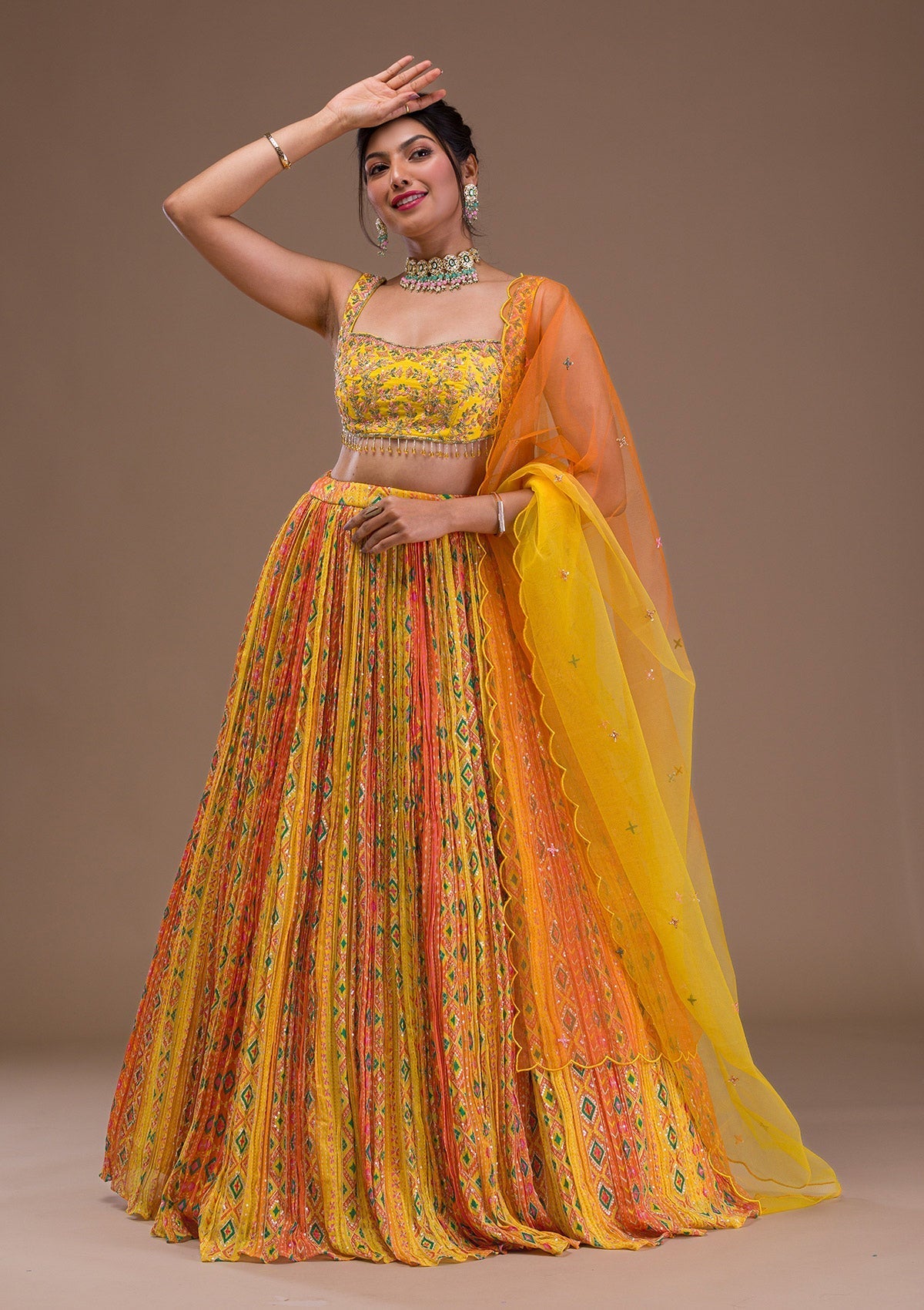 Yellow Cutdana Crepe Readymade Lehenga