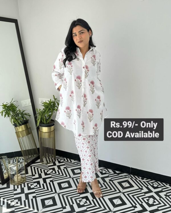 White Hand Block Print Mughal short cotton cord set best for summer