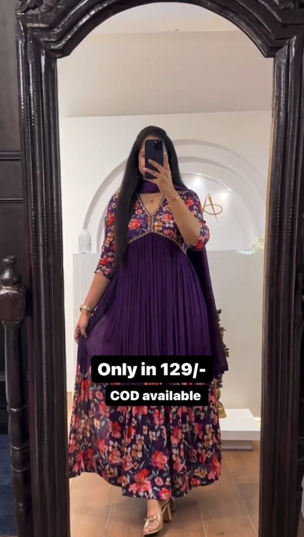 Purple Color Floral Print Anarkali Gown With Dupatta