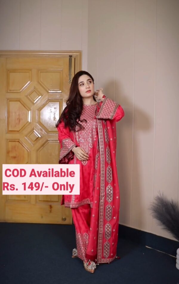 Rayon Rani Pink Embroidered Sequin Work Anarkali with Dupatta And Sharara Set Festive Collaction
