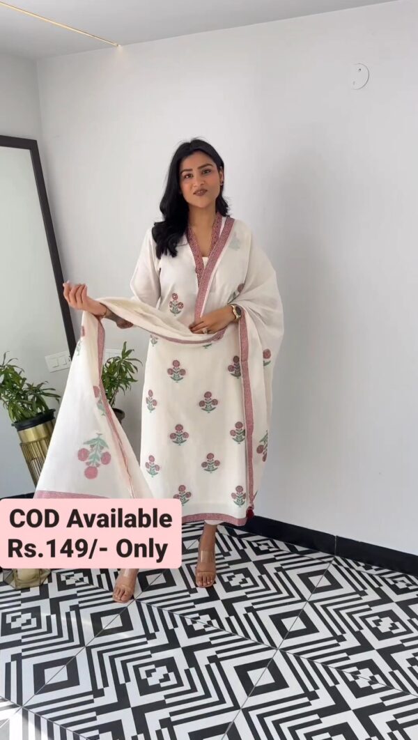 Premium White mulmul cotton printed kurta sets for women on mega sale - Image 5
