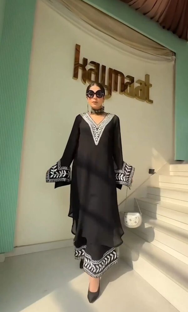 Summer Special White embroidered Black Faux Georgette Suit and Palazzo set - Image 3