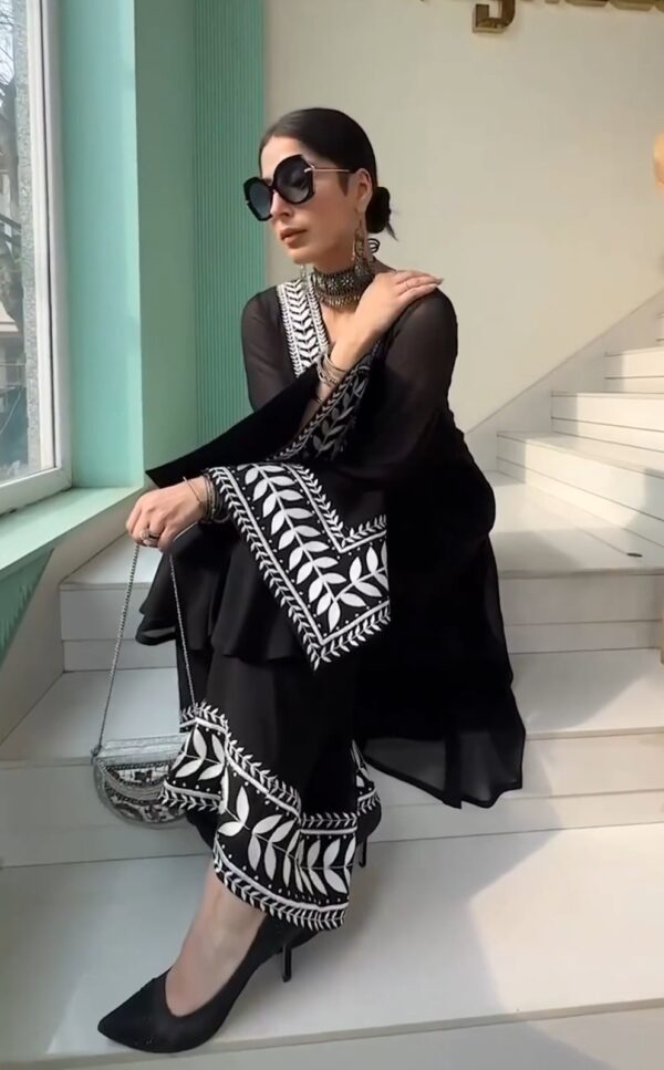 Summer Special White embroidered Black Faux Georgette Suit and Palazzo set - Image 2