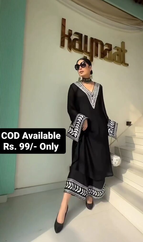 Summer Special White embroidered Black Faux Georgette Suit and Palazzo set