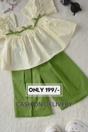 Cream & Green Smocked Puff Sleeve Top with Pleated Shorts | Cotton Co-ord Set for Girls | Stylish Baby Girl Summer Outfit