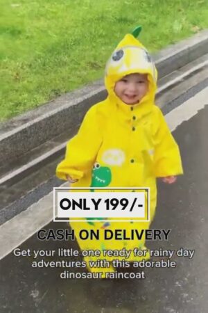 "Yellow Dinosaur-Themed Kids Raincoat – Waterproof Hooded Cape for Toddlers with Cute 3D Tail & Cartoon Print"