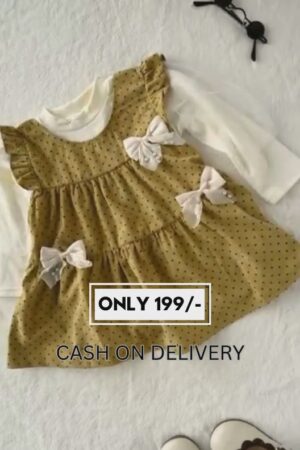 Mustard Yellow Polka Dot Frock with White Inner & Satin Bows | Baby Girls’ Party Dress | Trendy Western Wear for Kids