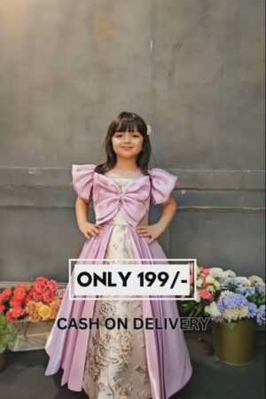 Lavender Satin Embroidered Gown for Girls with Puff Sleeves & Bow | Party Wear Kids Dress | Birthday & Festive Special