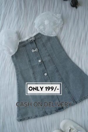 Girls' Puff Sleeve Embroidered Denim Dress