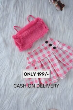 Trendy Barbiecore Pink Faux Fur Crop Top with Pink & White Gingham Pleated Skirt Co-ord Set for Girls | Stylish Summer Outfit for Birthdays & Outings
