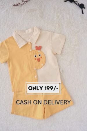 🐥 Sunny Yellow & Cream Cotton Kids Co-Ord Set – Cartoon Embroidered Shirt & Shorts | Soft Summer Wear for Boys & Girls