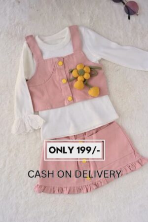 Pink Cotton Blend Baby Girl Co-Ord Set | Sleeveless Dungaree Style Top with 3D Flower Patch & Frill Skirt | Stylish Western Wear for Kids (1-6 Years)