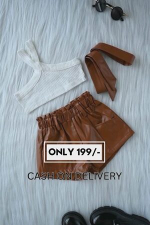 🔸Trendy White Ribbed One-Shoulder Crop Top with Tan Faux Leather High-Waist Shorts | Stylish Co-ord Set for Women | Western Wear | Casual & Party Look