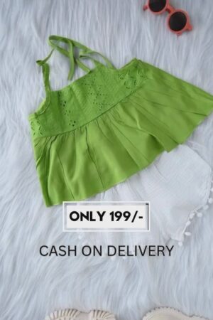 Lime Green Eyelet Cotton Sleeveless Top with White Pom Pom Shorts | Baby Girl Summer Co-ord Set | Stylish Ethnic Fusion Outfit for Kids