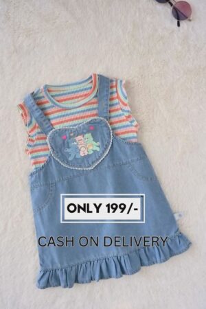 Sky Blue Denim Dungaree Dress Set with Multicolor Striped Inner Tee | Baby Girl Cotton Casual Wear | Cute Cartoon Patch | Ruffle Hem | Summer Outfit