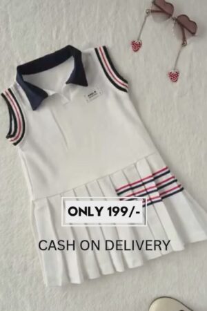 🧒 Girls’ White Polo Neck Sleeveless Sporty Frock | Pleated A-Line Cotton Dress with Striped Trim – Western Style Summer Wear
