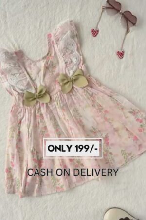 🌸 Pastel Pink Floral Print Frock for Girls with Lace Detailing & Green Bows | Party Wear Net Dress for Baby Girl | Trendy Toddler Ethnic Dress 2025