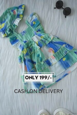 Mint Multicolor Ruffle Georgette Frock for Girls | Designer Sleeveless Summer Dress | Kidswear for Birthdays & Parties