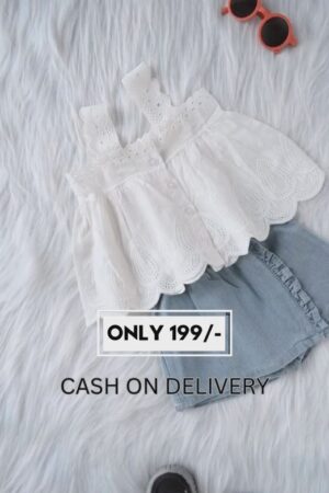 White Eyelet Embroidered Cotton Top with Light Blue Denim Ruffle Skirt Set | Summer Co-ord Set for Girls | Casual Western Wear for Kids