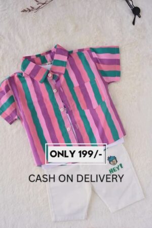 Multicolor Striped Shirt with Cartoon White Shorts for Boys | Premium Cotton Summer Co-ord Set | Casual Printed Kidswear