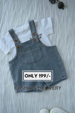Light Blue Washed Denim Dungaree Shorts with White Printed Cotton T-Shirt | Unisex Kids Co-ord Set | Casual Summer Outfit | Trendy Western Wear for Kids