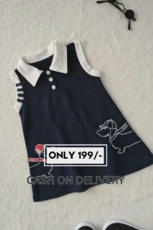 Navy Blue Cotton Sleeveless Polo Collar A-Line Dress for Girls | Cute Dog Print | Casual & Trendy Summer Wear for Kids | Korean Style Frock Design