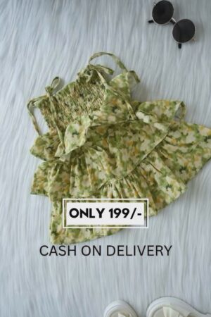 🌿 Olive Green Floral Printed Ruffle Dress for Girls | Summer Casual Wear | Smocked Bodice with Tie Straps | Lightweight Soft Fabric