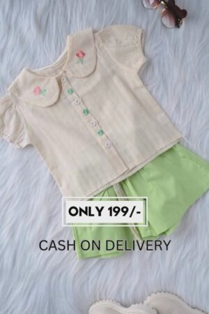 🌼 "Cream Embroidered Peter Pan Collar Top with Lime Green Pleated Shorts | Summer Co-ord Set for Girls | Cotton Casual Festive Wear"