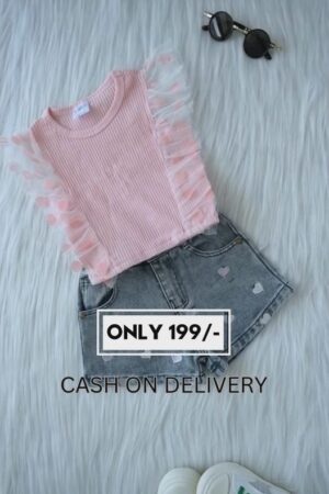 🧒 Girls Fashion Co-ord Set – Pink Ribbed Top with Ruffle Net Sleeves & Heart Printed Denim Shorts