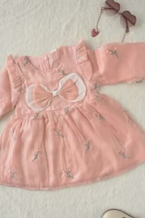 Peach Pink Embroidered Net Frock for Baby Girls | Soft Organza Party Dress with Bow
