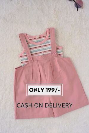 Peach Pink Cotton Dungaree Romper Set for Baby Girls | Striped Inner Top with Suspender Shorts | Casual Co-Ord Dress Set