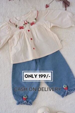 🍓  Cream & Denim Strawberry Embroidered Co-ord Set for Baby Girls | Full Sleeve Top with Button Detailing & Denim Pants | Trendy Casual Wear for Kids