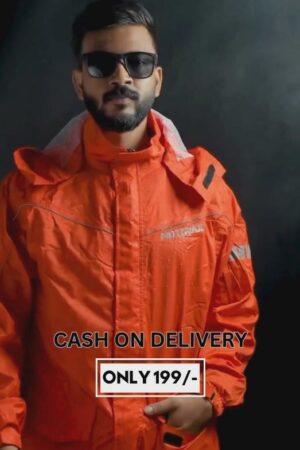 Men's Neon Orange Waterproof Rain Jacket with Hood | Lightweight Windcheater with Reflective Stripes | Monsoon Essentials for Bike & Travel