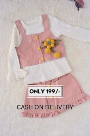 Blush Pink Cotton Co-ord Set for Girls with Yellow Floral Appliqué | Trendy Korean Style Baby Girl Skirt Top Set | Kidswear for Summer